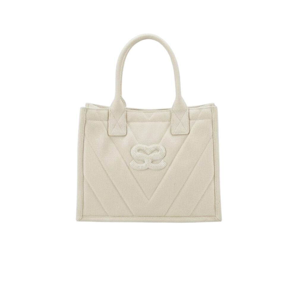 SANDRO Kasbah Quilted Canvas Tote Hand Bag Purse Beige Cream Ecru Logo NWT